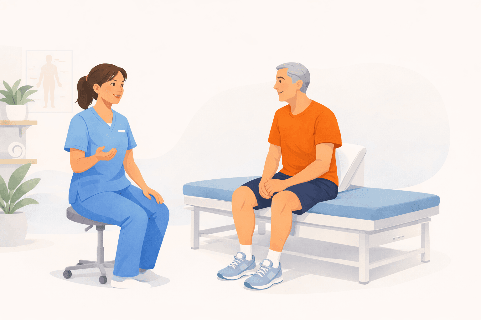 Illustration d'une consultation de kinesitherapie entre une praticienne et un patient.